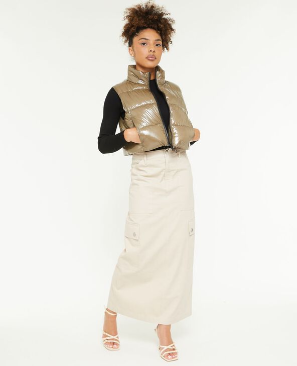Jupe longue en toile avec surpiqûres beige - Pimkie