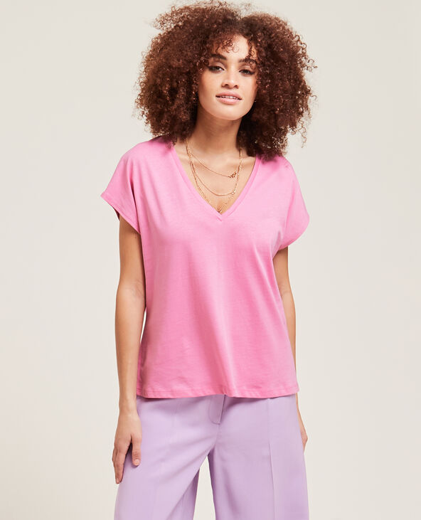 T-shirt col V manches courtes rose - Pimkie