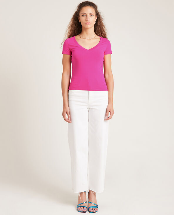 T-shirt basique col V rose fluo - Pimkie