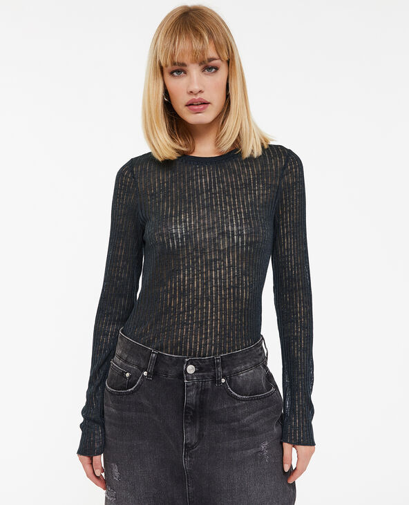 Top manches longues maille côtelée transparente gris foncé - Pimkie