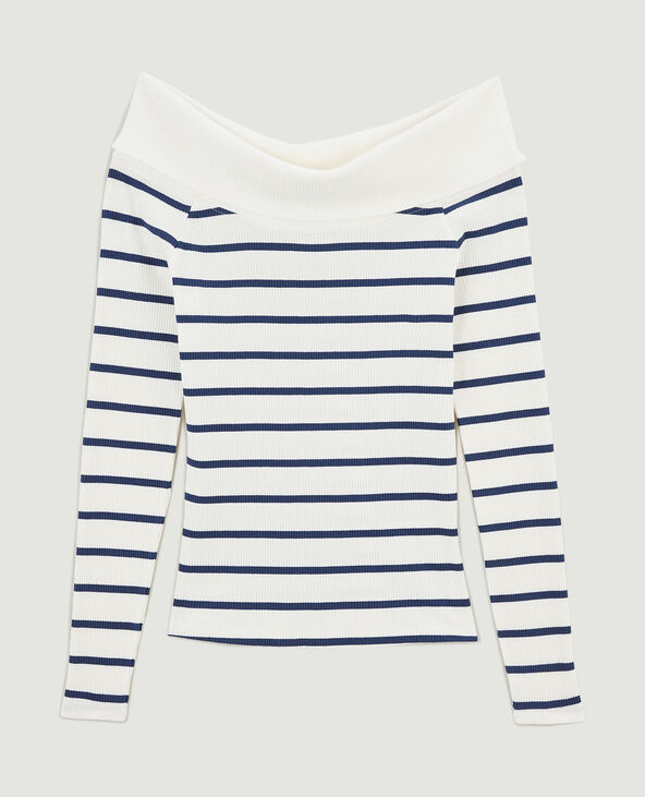 Top encolure Bardot en maille côtelée rayée blanc - Pimkie