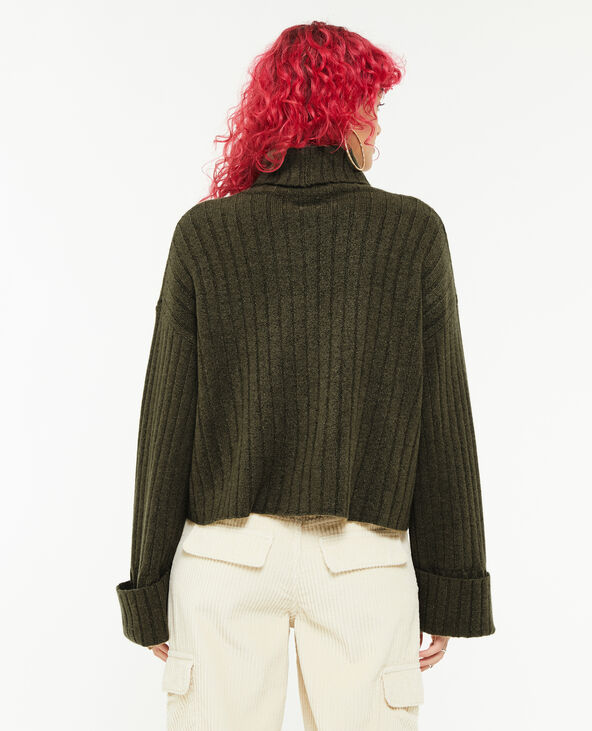 Pull court col roulé en maille côtes plates vert kaki - Pimkie