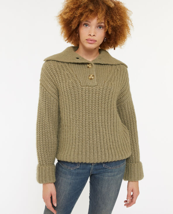 Pull chaud col camionneur boutonné vert kaki - Pimkie