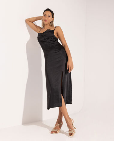 Robe longue tissu satiné encolure bénitier  noir - Pimkie