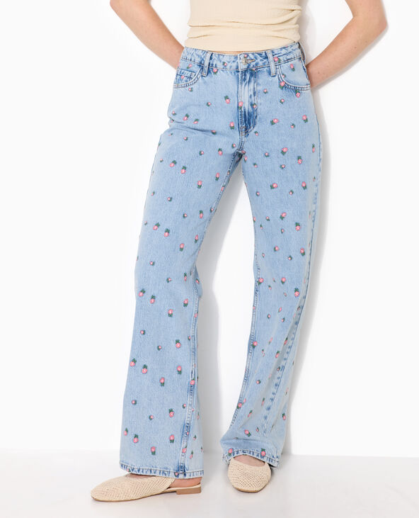 Jean straight taille haute avec broderies fleurs bleu - Pimkie