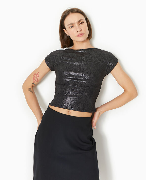 Top court en maille brillante avec dos ouvert noir - Pimkie