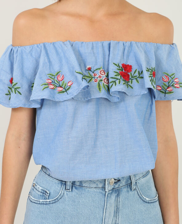Blouse à col bardot brodée Jean bleached - Pimkie