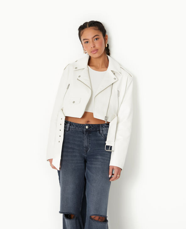 Blouson biker court avec ceinture écru - Pimkie