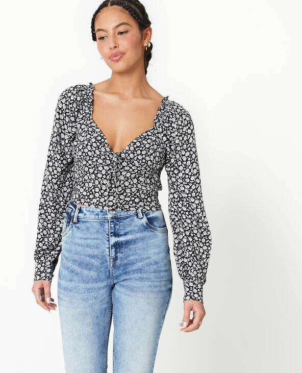 Blouse courte encolure cœur motif fleurs noir - Pimkie