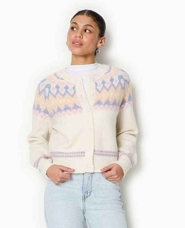 Gilet col rond motif jacquard blanc - Pimkie