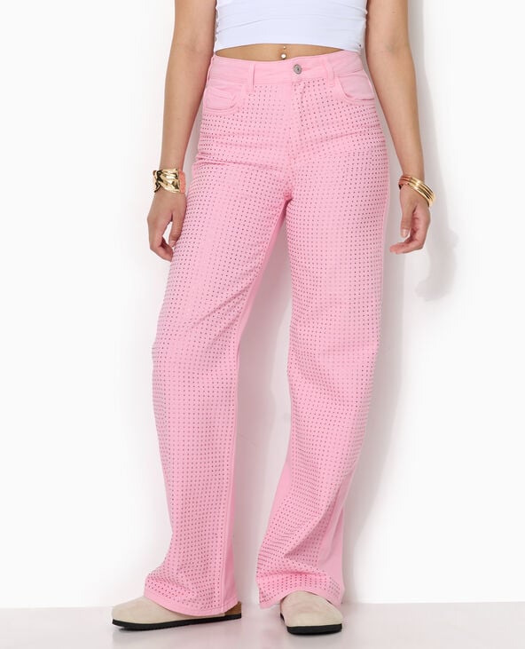 Jean droit taille haute avec strass devant rose - Pimkie