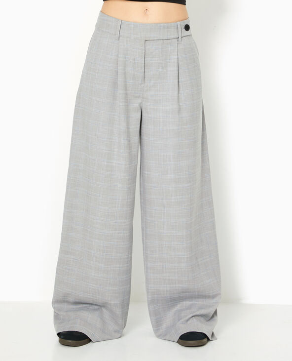 Pantalon large taille haute motif carreaux gris clair - Pimkie