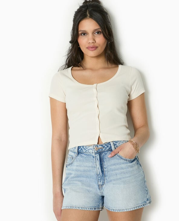 T-shirt court boutonné en maille côtelée blanc - Pimkie