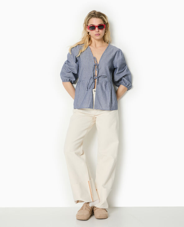 Blouse rayée avec nouettes et manches bouffantes bleu marine - Pimkie