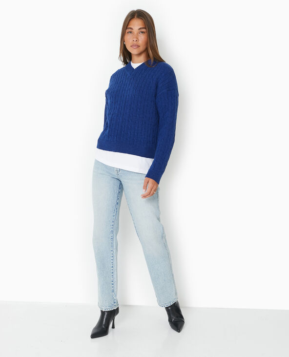 Pull en maille torsadée col V bleu marine - Pimkie