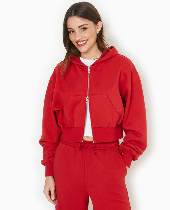 Sweat zippé court avec capuche rouge - Pimkie