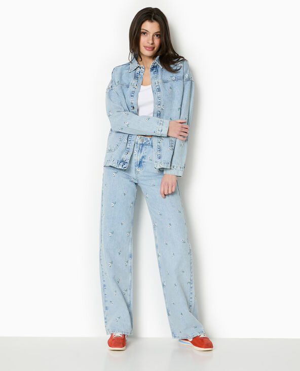 Veste droite en jean avec broderies fleurs all over bleu clair - Pimkie