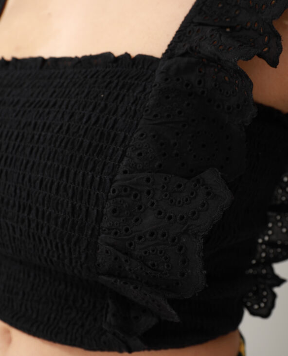 Top smocké avec broderie anglaise noir - Pimkie
