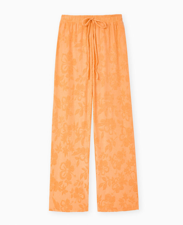 Pantalon ample en éponge jacquard motif fleurs orange - Pimkie