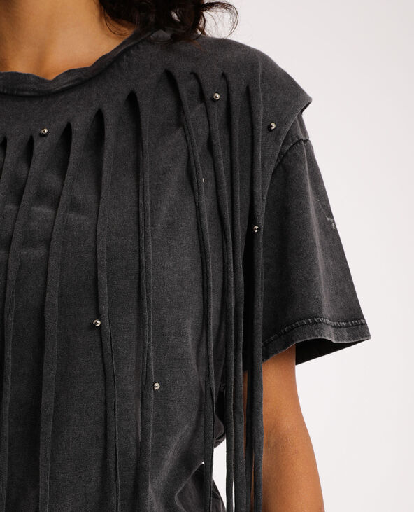T-shirt à franges et perles gris foncé - Pimkie
