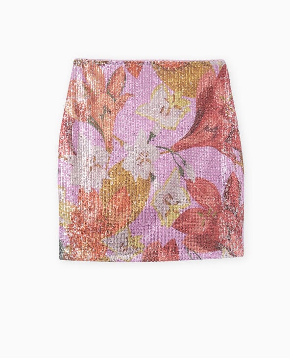 Jupe courte et droite avec sequins motifs fleurs rouge - Pimkie