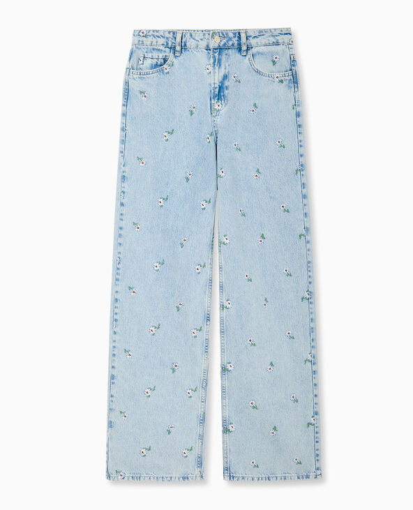 Jean droit avec broderies fleurs all over bleu clair - Pimkie