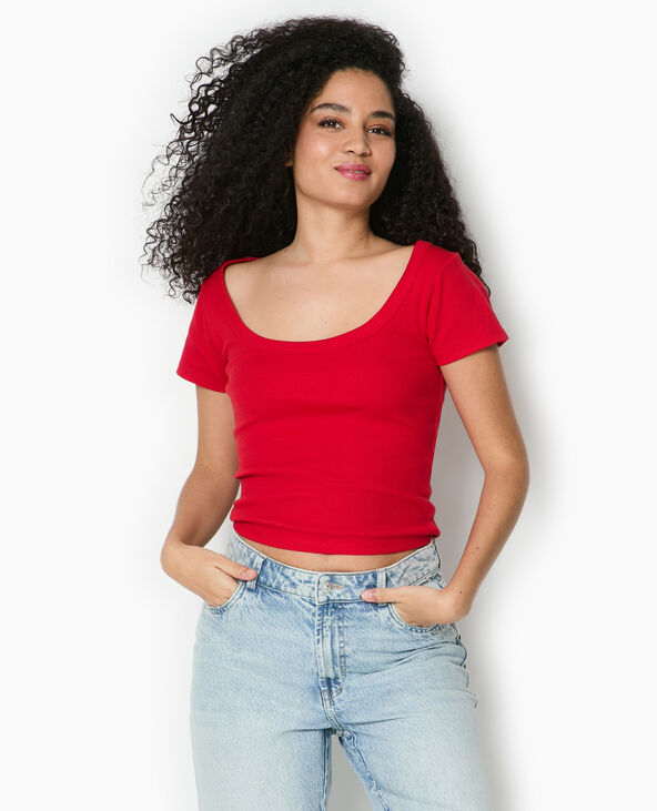 T-shirt maille côtelée grande encolure rouge - Pimkie