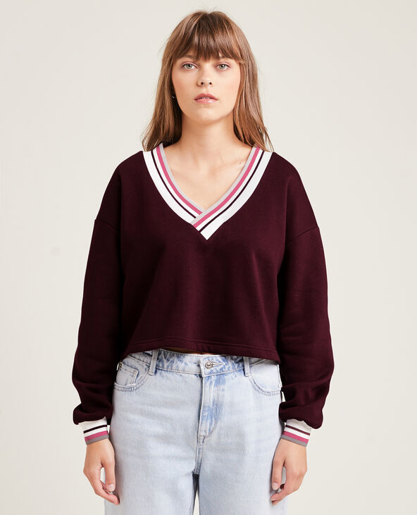 Sweat cropped col V bordeaux - Pimkie