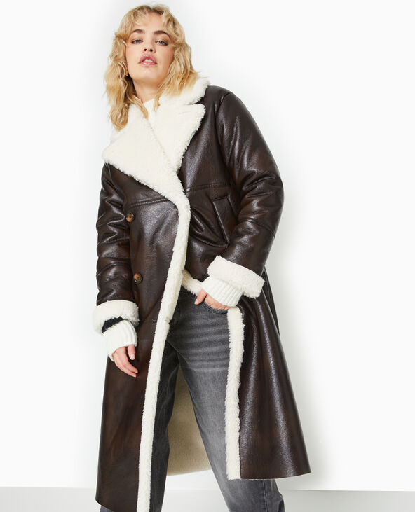 Manteau long en simili et fourrure marron - Pimkie