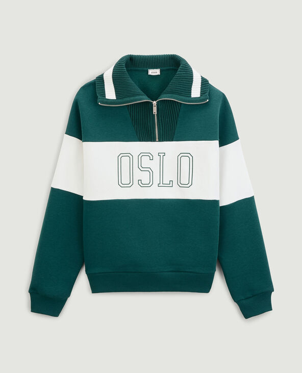 Sweat bi-matière col zippé vert - Pimkie