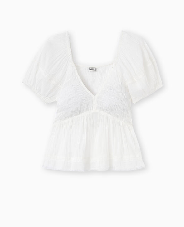 Top en tissu léger avec dentelle et smock blanc - Pimkie