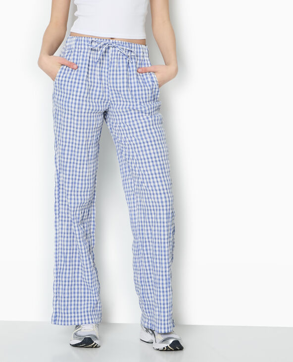 Pantalon droit en tissu gaufré motif vichy bleu - Pimkie