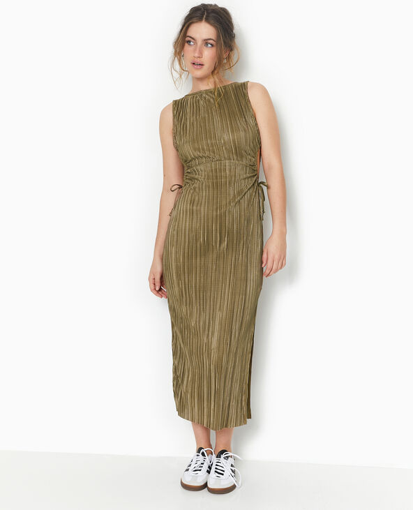 Robe longue avec cut out en tissu plissé et satiné vert kaki - Pimkie