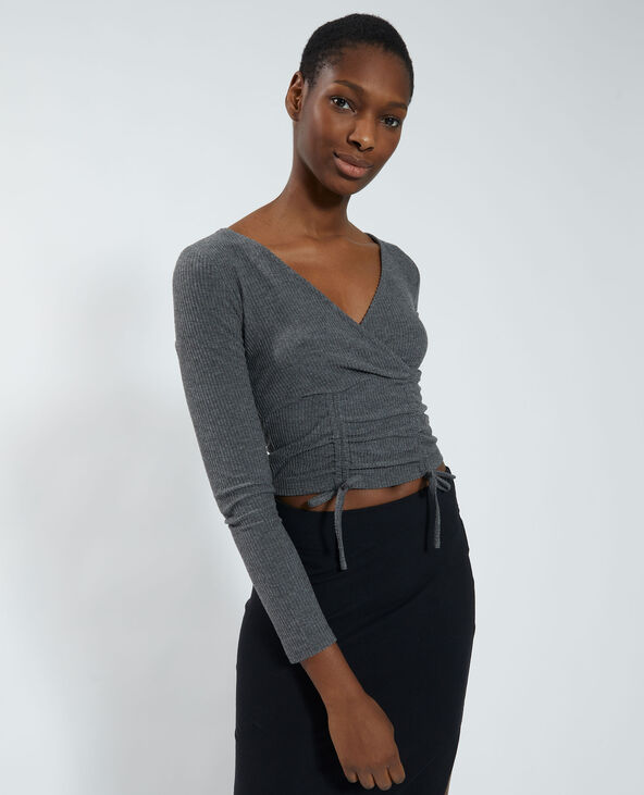 Crop top portefeuille côtelé gris chiné - Pimkie