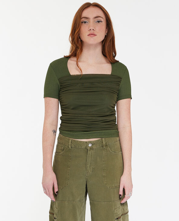 T-shirt col carré avec tulle drapé devant vert kaki - Pimkie