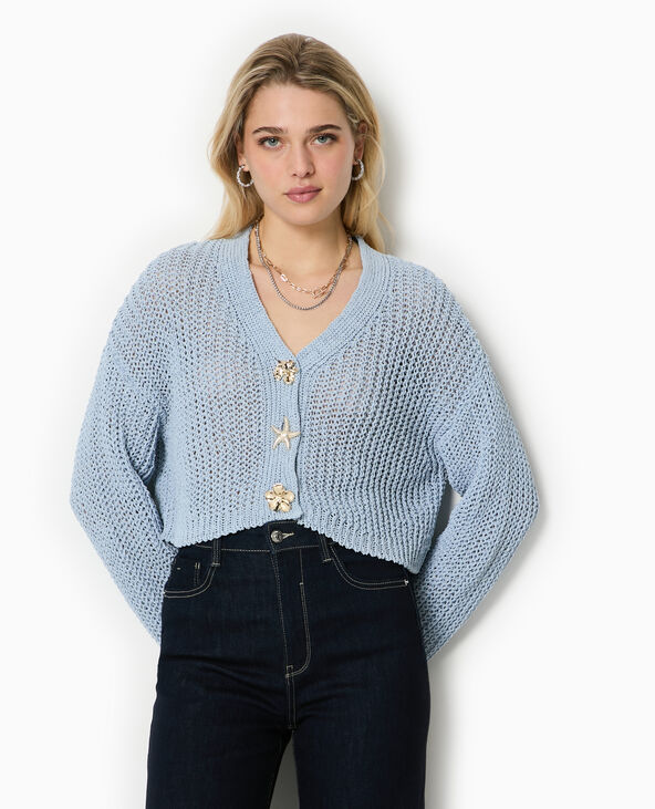 Gilet court en maille ajourée avec boutons bijoux bleu - Pimkie
