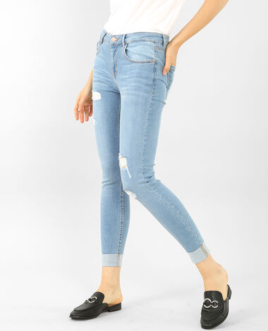 Jean skinny destroy à revers bleu clair - Pimkie