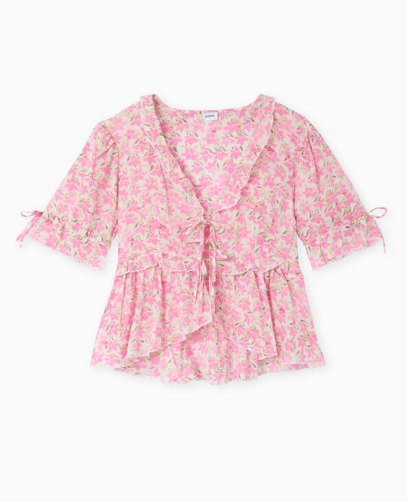 Blouse avec nouettes et volants motif fleurs rose - Pimkie