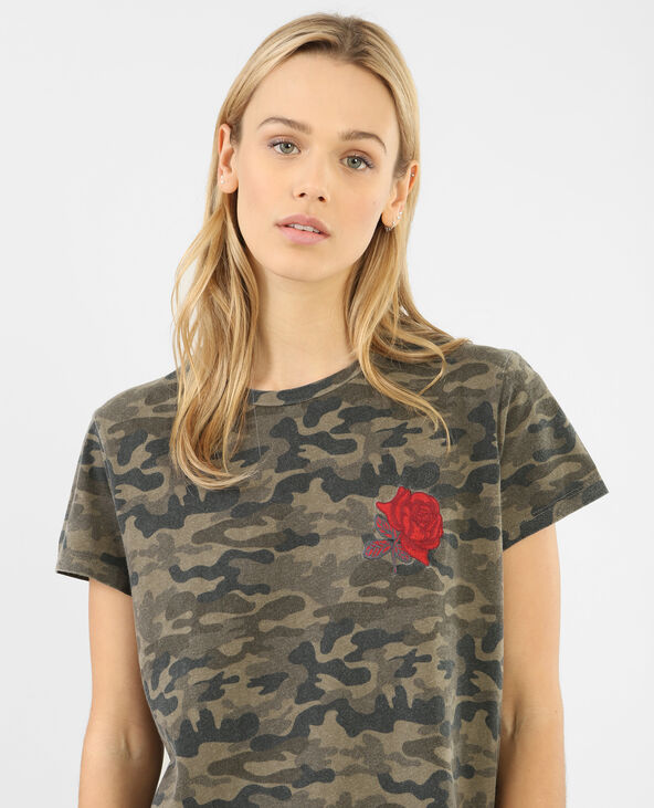 T-shirt army délavé broderie rose vert foncé - Pimkie