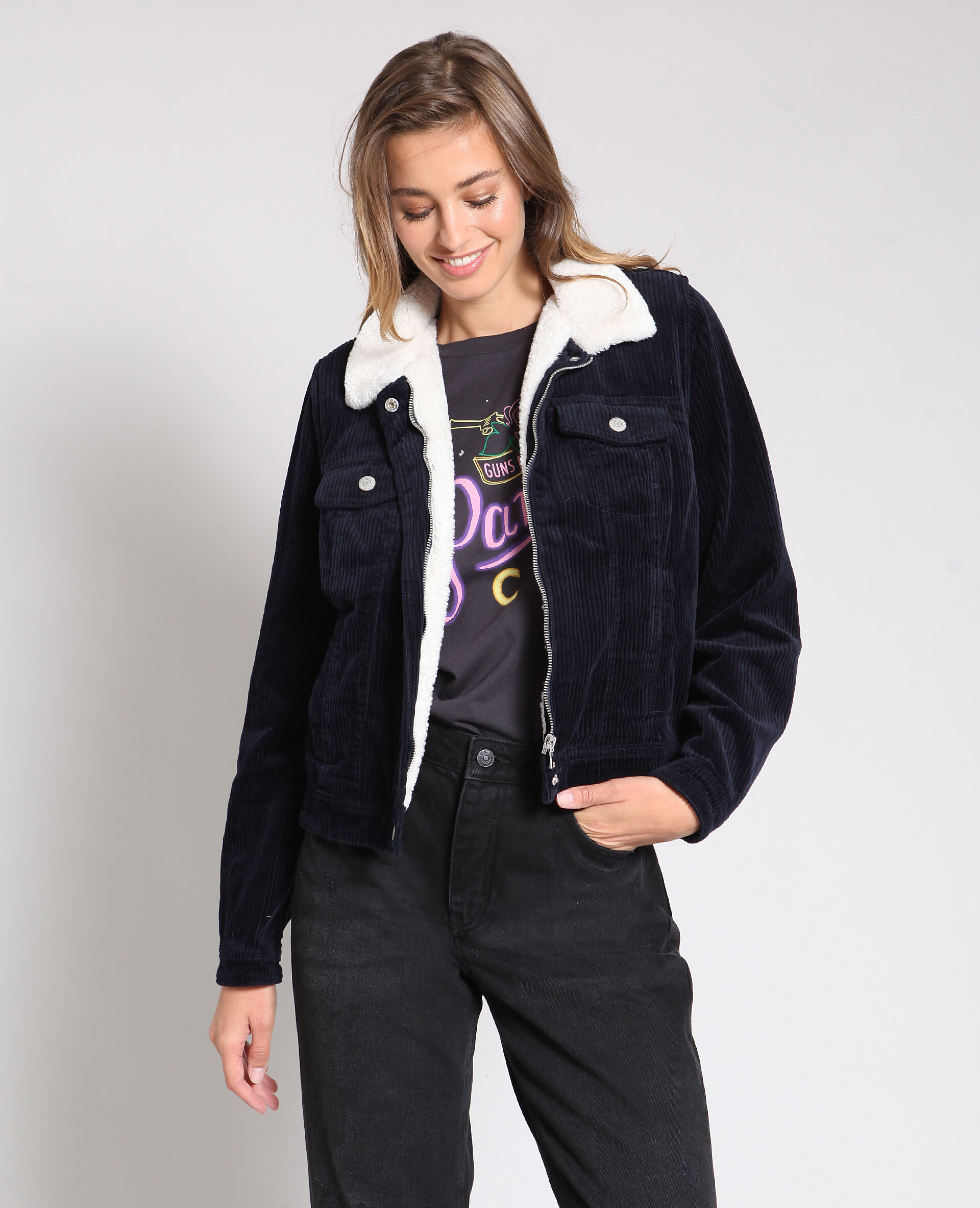 Veste courte velours bleu - 323294600A06 | Pimkie