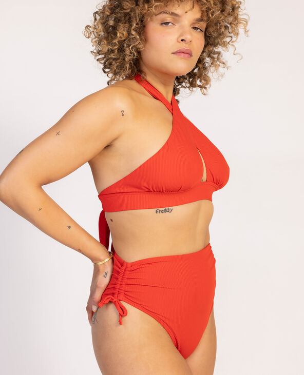Bas de maillot culotte haute avec fronces et nouettes rouge - Pimkie