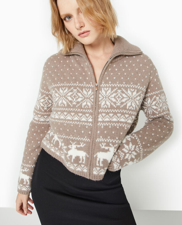 Gilet court zippé avec motifs de Noël taupe - Pimkie