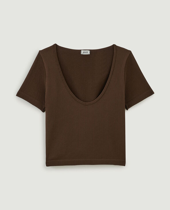 T-shirt cropped col V marron - Pimkie