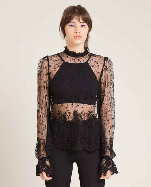Top en tulle brodée noir - Pimkie
