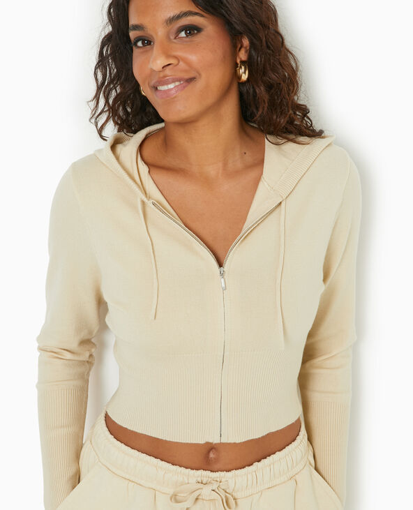 Gilet court zippé en maille fine avec capuche beige - Pimkie