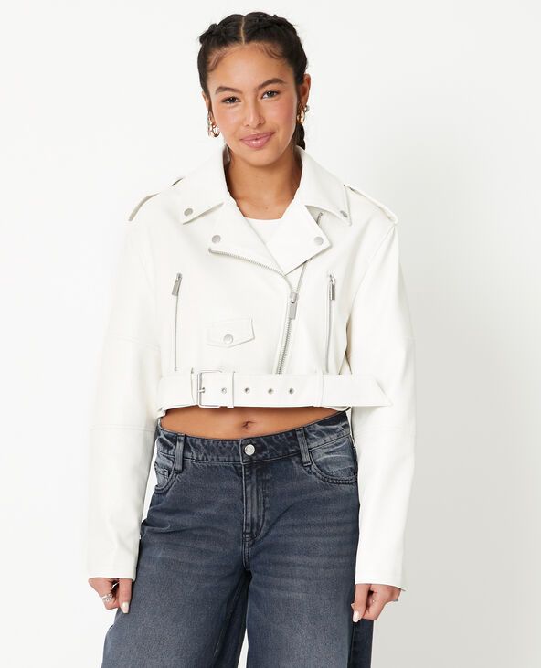 Blouson biker court avec ceinture écru - Pimkie