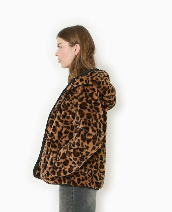 Manteau court réversible avec fourrure motif léopard noir - Pimkie