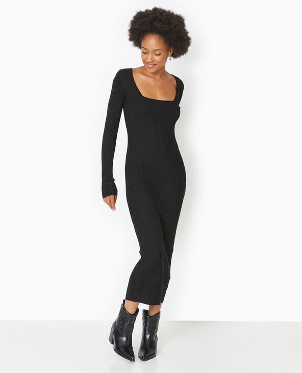 Robe longue en maille côtelée encolure carrée noir - Pimkie