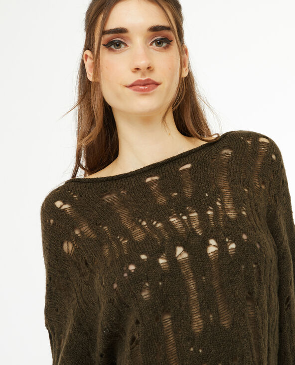 Pull oversize en maille ajourée effet destroy vert kaki - Pimkie