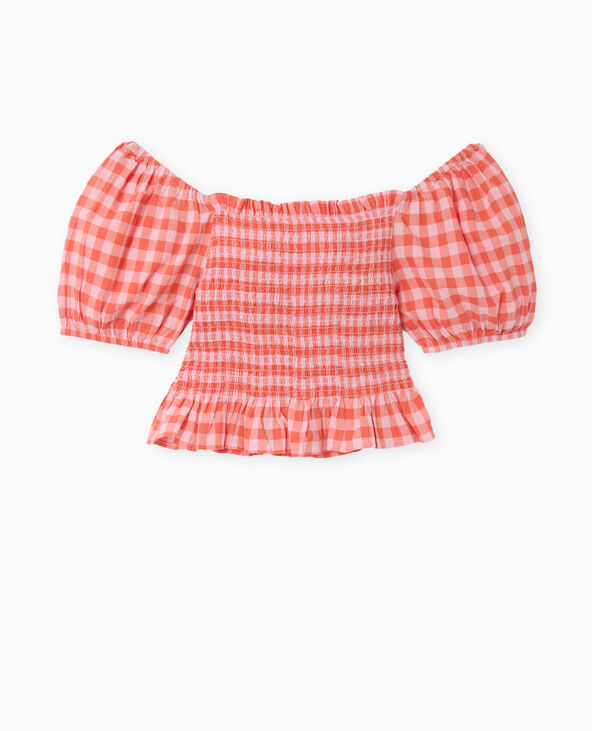 Top smocké motif vichy orange - Pimkie